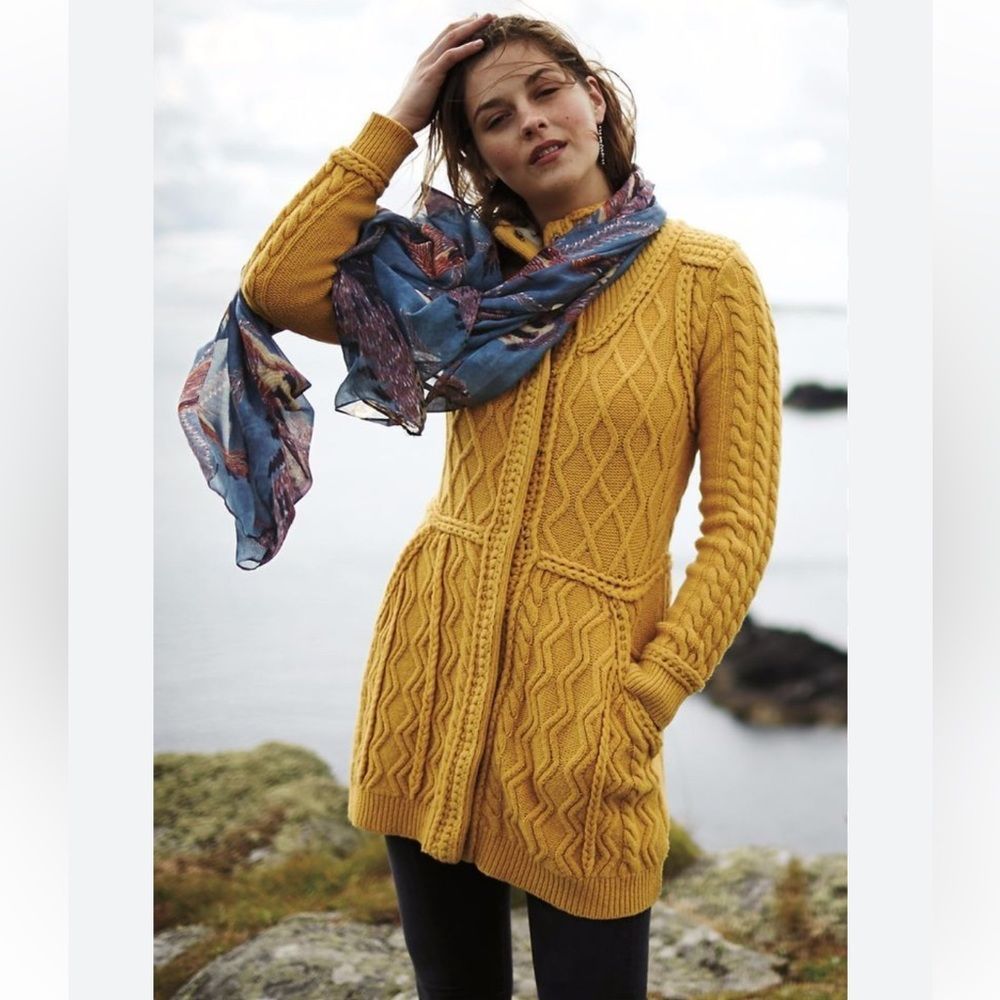 Anthropologie Mustard Cable-Knit Long Cardigan